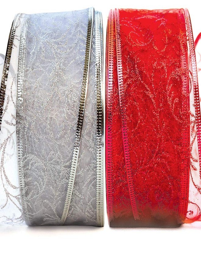 OLYPHAN Christmas Ribbon Wired for Gift Wrapping Red Wired Ribbons Xmas Tree Ribbon Silver Sheer Wire Organza Set Present Wrap Around, Christmas Decor Crafts Floral Arrangement Supplies & Decoration 50 Yards - Image 1